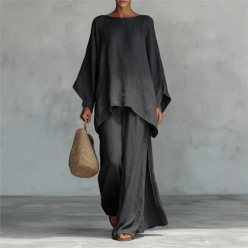 Fashion Linen Loose Long-sleeved Wide-leg Trousers 2-piece Set Women Spring New Casual Retro Elegant Female Simple Trousers Suit