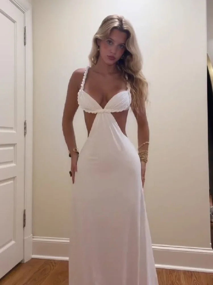 2026 Summer Sexy White Deep V Neck Maxi Dress Women Chic Braided Spaghetti Strap Cutout Waist Dresses Formal Evening Party Gown