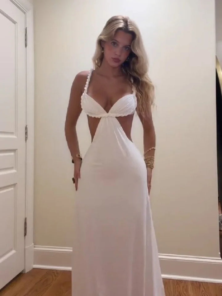 2026 Summer Sexy White Deep V Neck Maxi Dress Women Chic Braided Spaghetti Strap Cutout Waist Dresses Formal Evening Party Gown