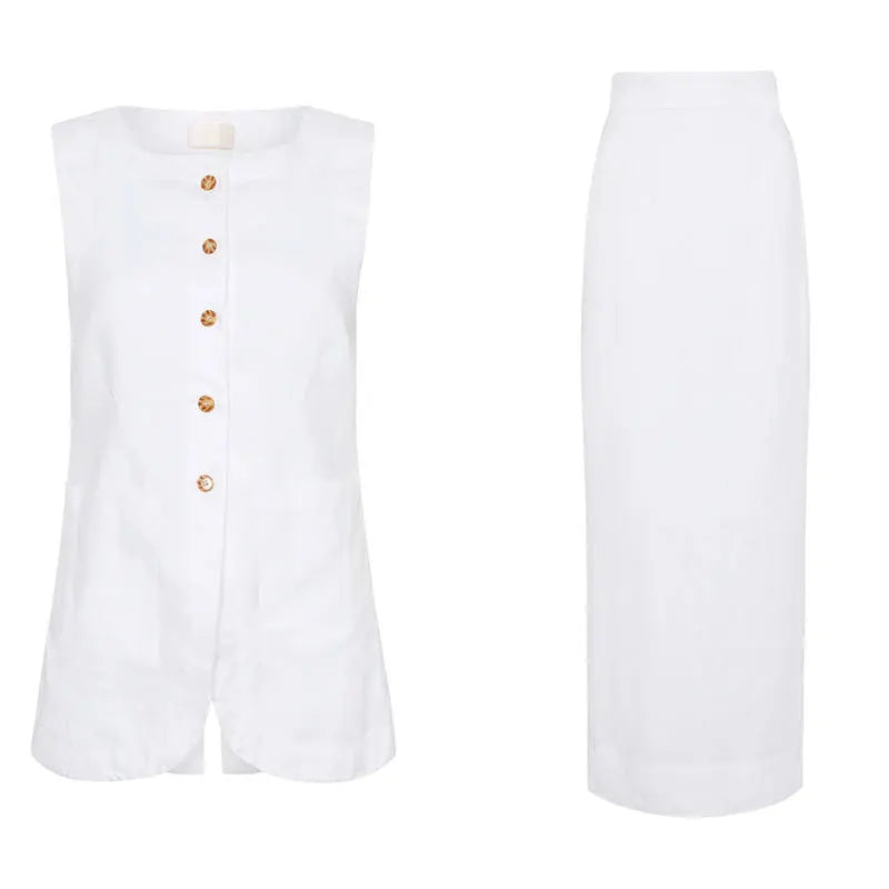 Chic Cotton Long Dress Set Women Summer Sleeveless Solid Single Breasted Best Top Back Split Maxi Skirts Lady 2 Pieces Suits