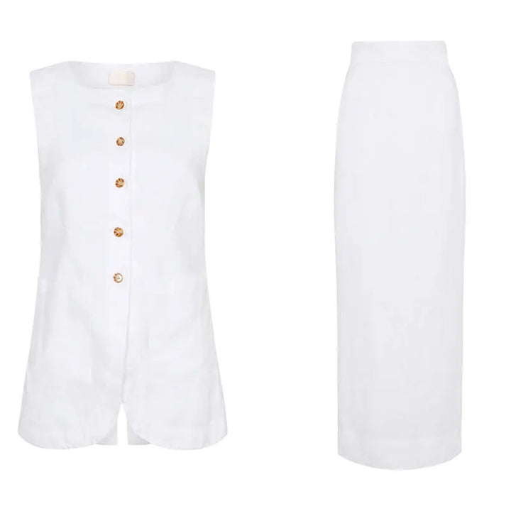 Chic Cotton Long Dress Set Women Summer Sleeveless Solid Single Breasted Best Top Back Split Maxi Skirts Lady 2 Pieces Suits