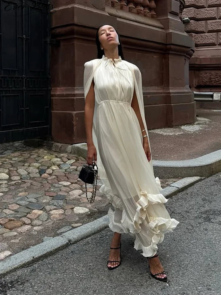 Off-White Cape Sleeve Maxi Dress Women Stand Collar Tiered Ruffle Hem Formal Evening Gown 2026