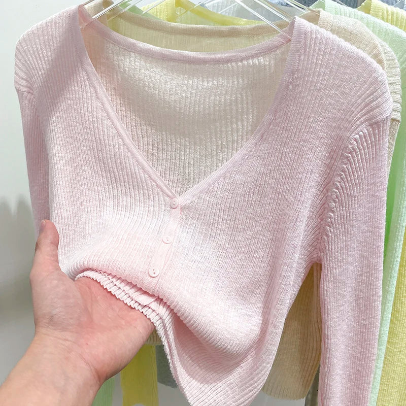 Women Outerwear Air Conditioner Shawl Single-breasted Short Tops 2026 Summer Blue V-Neck Thin Sunscreen Knit Cardigan