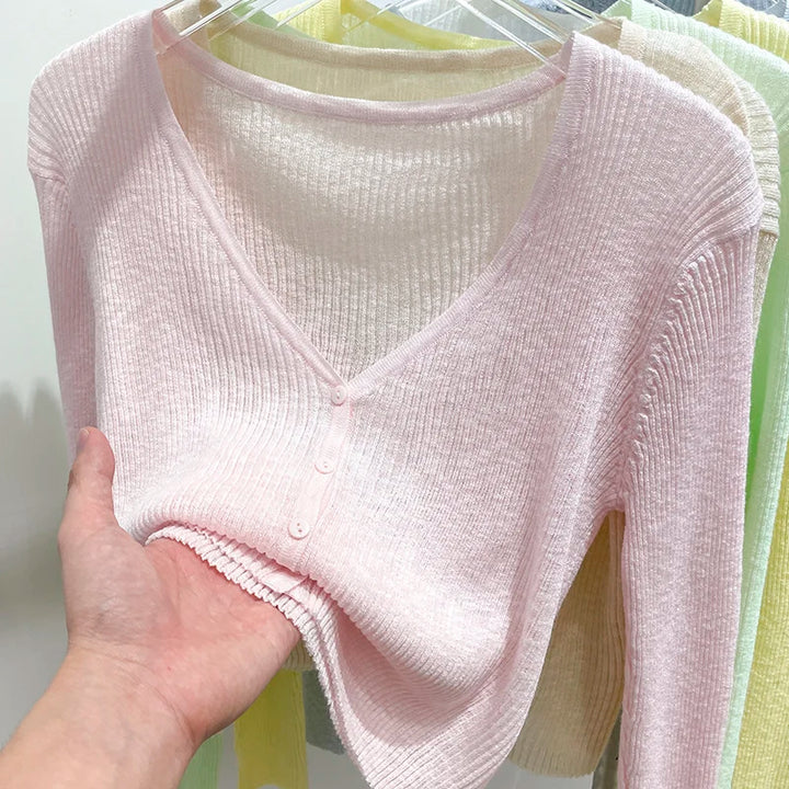 Women Outerwear Air Conditioner Shawl Single-breasted Short Tops 2026 Summer Blue V-Neck Thin Sunscreen Knit Cardigan
