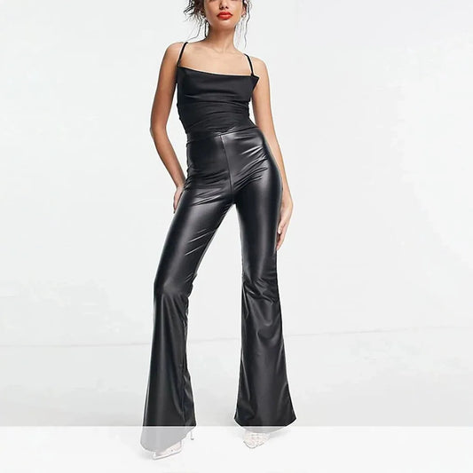 Women Sexy PU Leather Pants Vintage High Waist Y2k Bodycon Bell-bottom Club Party Streetwear Trousers New Cosplay Costume