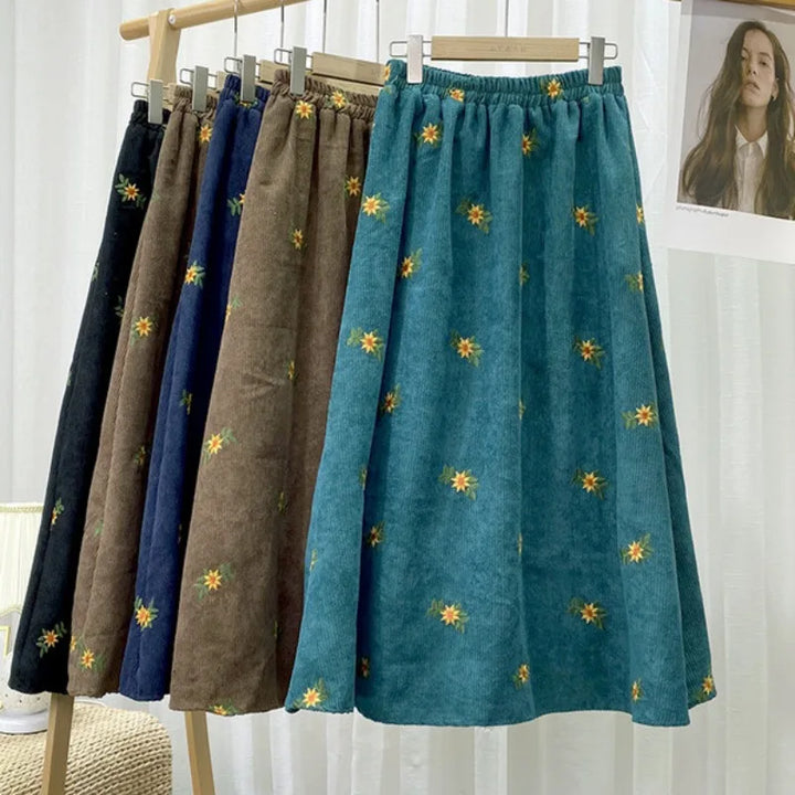 Women Corduroy Embroidered Midi Skirt High Waist Versatile Slim Fit A Line Umbrella Skirt For Autumn Winter