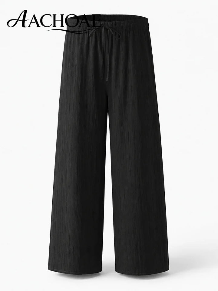 Women Linen Wide Leg Pants Summer Beach Long Pants Casual Drawstring Loose Beach Trousers