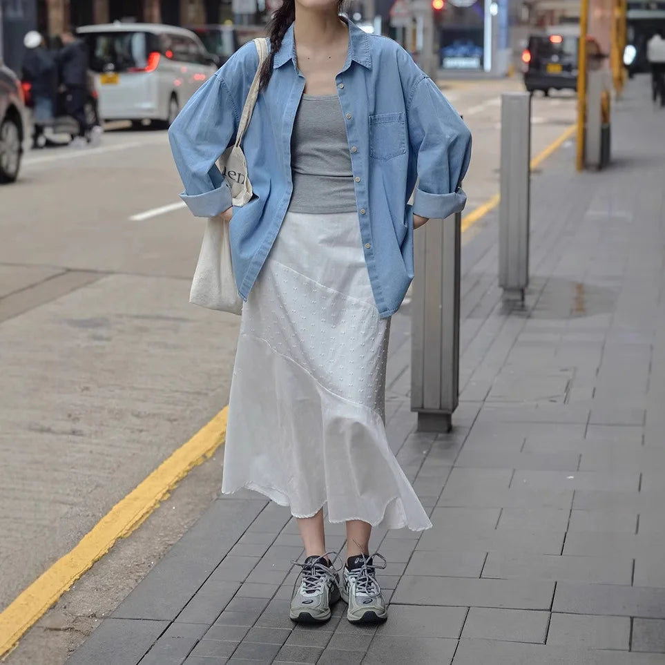 Splicing White Midi Skirt for Women in Summer 2025 New Design Style and Temperament
