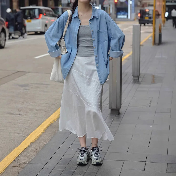 Splicing White Midi Skirt for Women in Summer 2025 New Design Style and Temperament