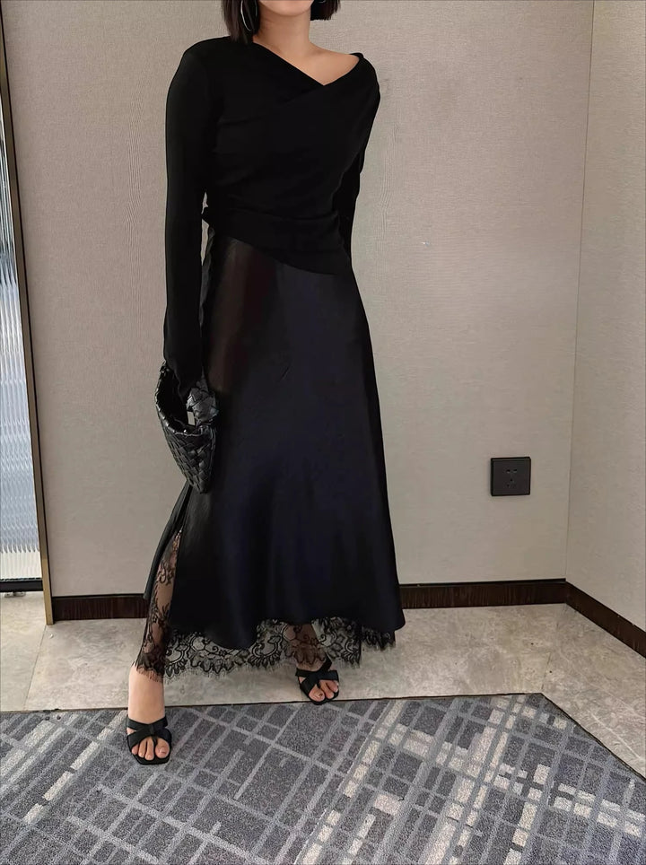 Women Satin Midi Skirt with Lace Trim High Waist Slip Elegant Silky Long Skirt Casual Daily, Dating, Office Outfits