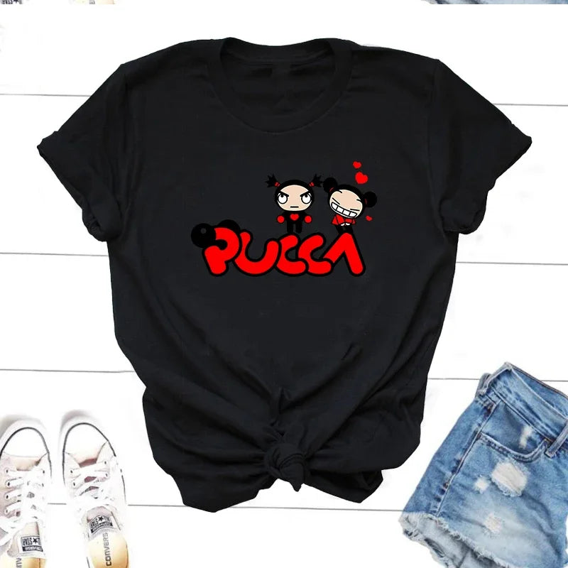 Pucca Love Garu T-shirts Women Funny Cute Cartoon T Shirts 90s Streetwear Cotton Short Sleeve Graphic Tees Kawaii Clothes