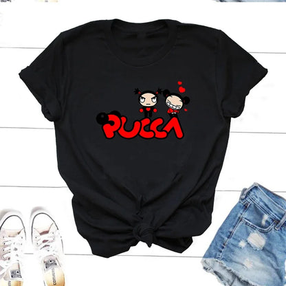 Pucca Love Garu T-shirts Women Funny Cute Cartoon T Shirts 90s Streetwear Cotton Short Sleeve Graphic Tees Kawaii Clothes