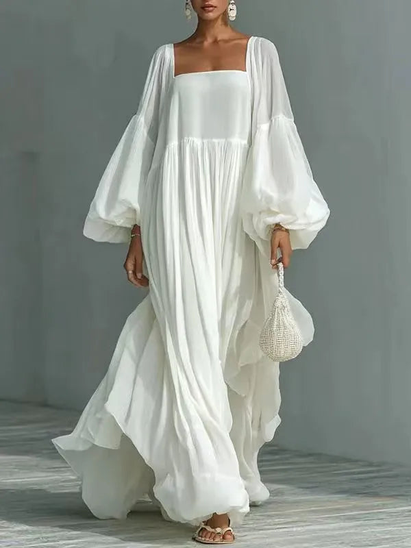 White Elegant Flowy Maxi Dress Woman Sexy Square Collar High Waist Bohemian Long Dresses Spring Lantern Sleeve Loose Party Gowns