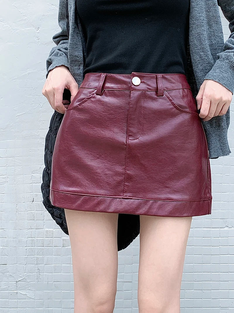 Wine Red PU Leather Mini Skirt Women Spring High Waist Slim A-Line Hot Girl Skirt Ins Spicy Burgundy Party Skirts Y2k Clothing