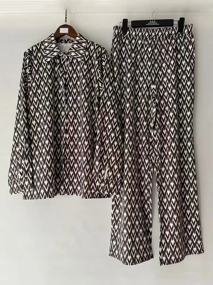 Retro geometric print lapel straight leg shirt two-piece set for 2026 spring women&