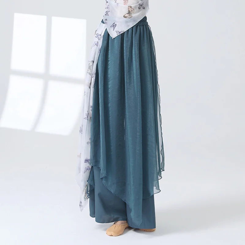 Women 2 Layers Dance Trousers Gauze Print Chiffon Culottes Flowy Skirt Pant Loose Wide Leg Modern Hanfu Elegant Practice Clothes