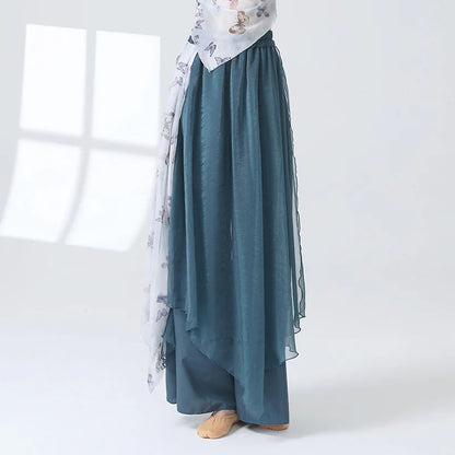 Women 2 Layers Dance Trousers Gauze Print Chiffon Culottes Flowy Skirt Pant Loose Wide Leg Modern Hanfu Elegant Practice Clothes