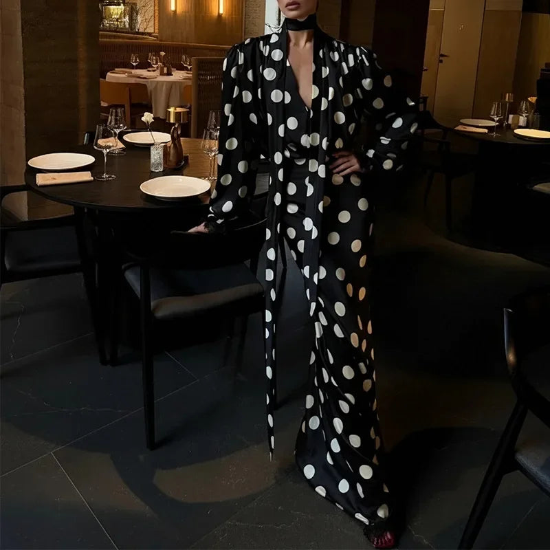 Women Elegant Polka Dot Maxi Dress 2026 new Ladies V-neck long sleeves Waist Cinched Evening Dress French Vestidos