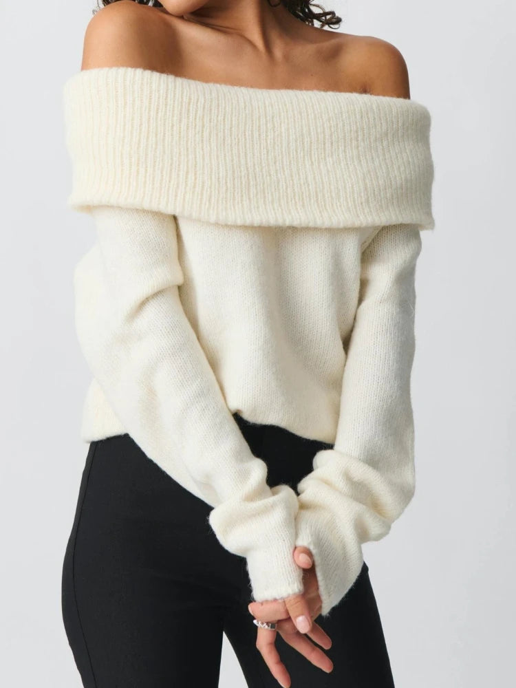 Off-the-shoulder Cream Knit Sweater Off Shoulder Foldover Soft Slouchy Pullover Chic Cozy Bardot Knit Top Fall Winter Trendy