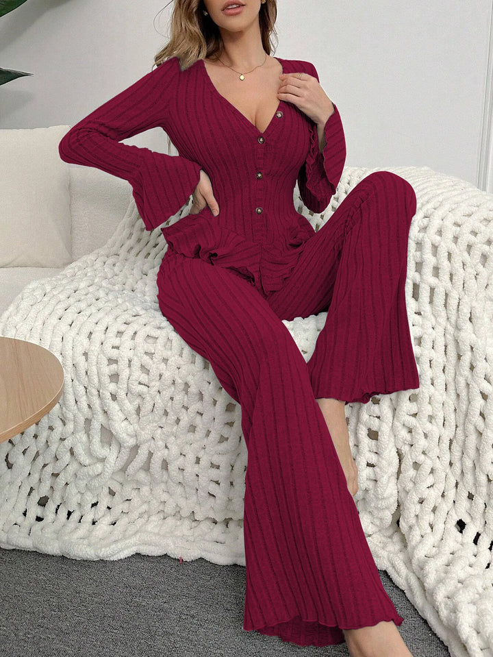 Women Sleepwear Autumn Winter Pajamas Sets Two Pieces Sexy V Neck Long Sleeve Tops and Trousers Set Loungewear Home Clothes