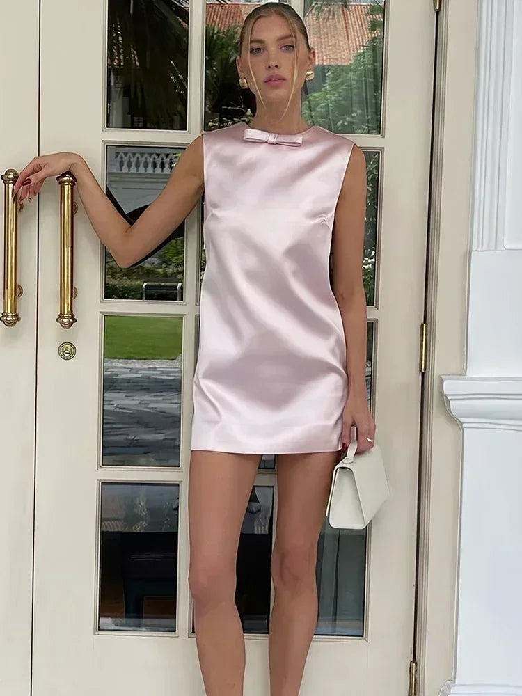 Satin Mini Dress For Women Sexy Backless Bow Clothes Sleeveless Tank Dresses Femme 2023 Party Elegant Evening Dress Woman