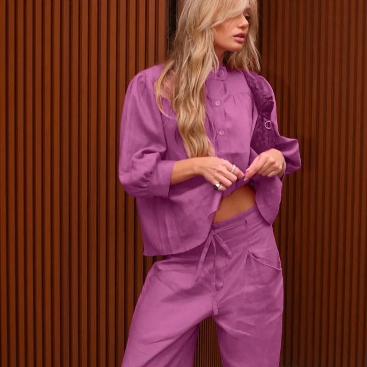 Women Solid Linen Two Piece Matching Set Stand Collar Button Down Shirt Drawstring Wide Leg Pants Casual Holiday Office Outfit
