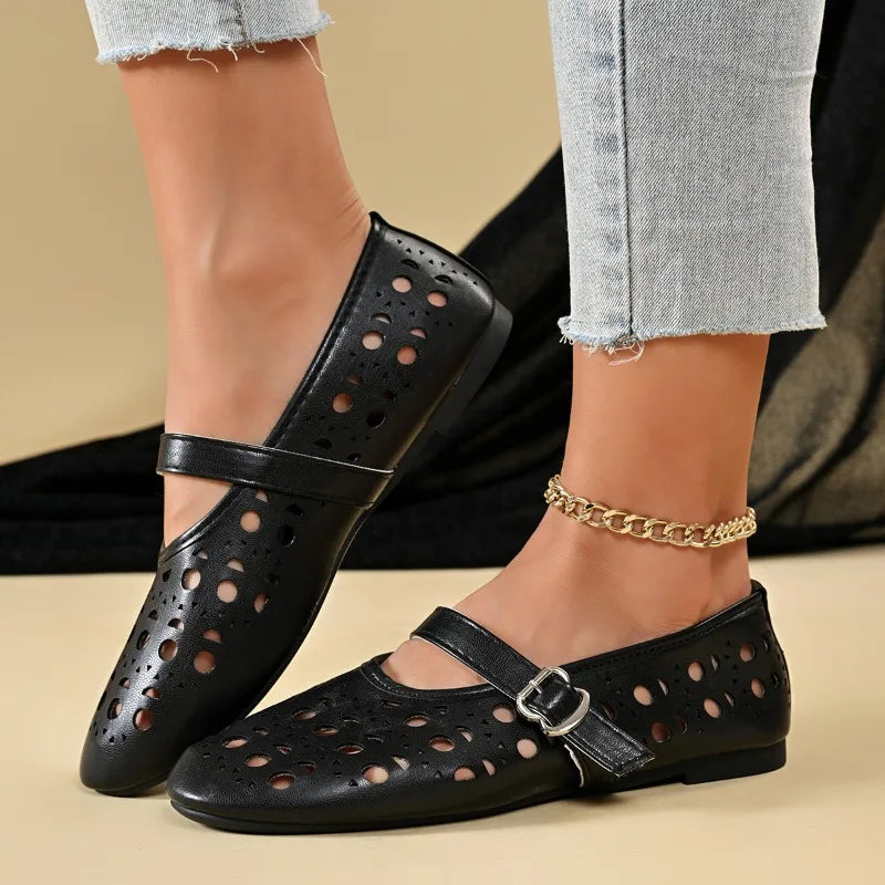 Women Hollow Out Mary Jane Flats Summer Breathable Flat Shoes Buckle Strap Soft Non Slip Sole Daily Walking Ladies Casual Shoes