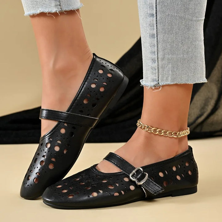 Women Hollow Out Mary Jane Flats Summer Breathable Flat Shoes Buckle Strap Soft Non Slip Sole Daily Walking Ladies Casual Shoes