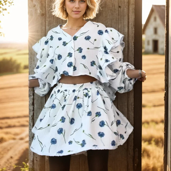 Cotton and Linen Two Piece Skirts Set Women Summer V-Neck Pile Up Sleeve Tops and Mini Skirt Outfit Lady Casual Sweet Dress Sets