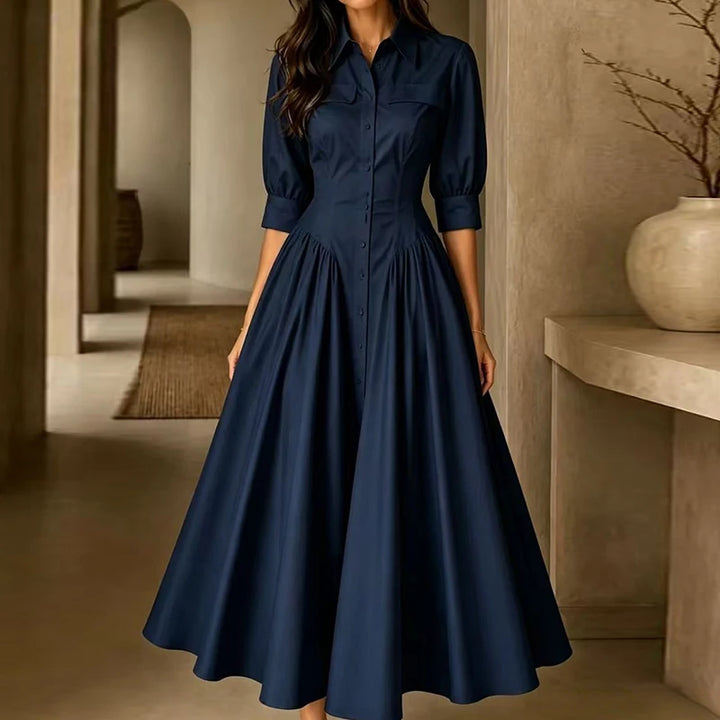 Elegant Women Solid Maxi Dress Single-Breasted Turn-Down Collar Autumn Party Dress Holiday Simple Button Patchwork Casual Dress