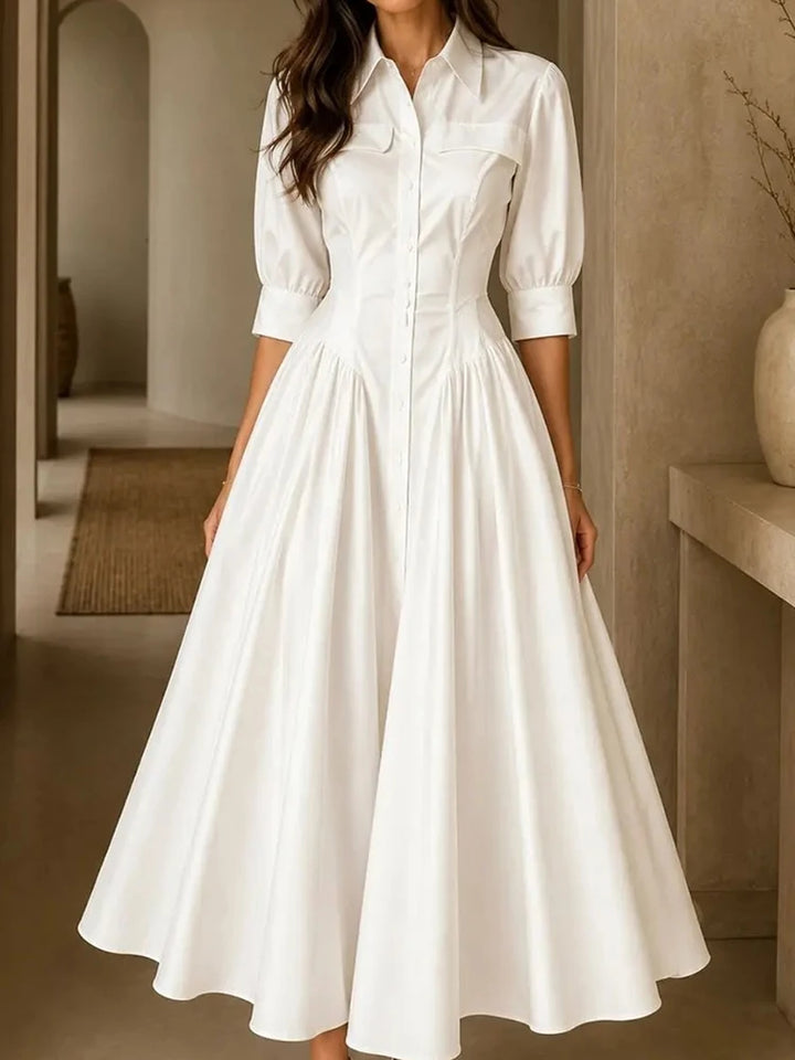 Elegant Women Solid Maxi Dress Single-Breasted Turn-Down Collar Autumn Party Dress Holiday Simple Button Patchwork Casual Dress