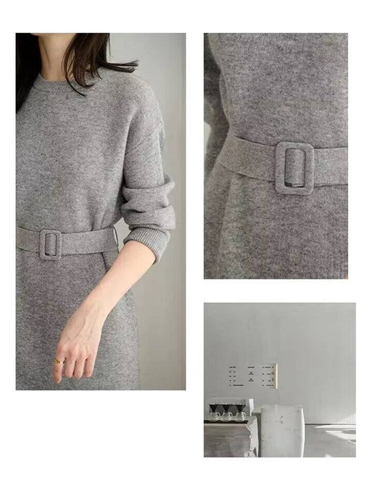 Autumn Winter Knitted Dress 2023 O-Neck Long Sleeve Party Midi Dress for Women Elegant Pink Gray A-line Sweater Dresses Ladies