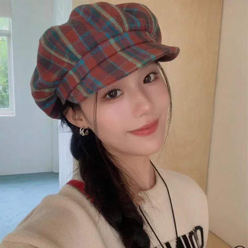 2025 Vintage Plaid Newsboy Cap - 8-Panel British Baker Boy Hat for Women, Slimming Face Retro Flat Cap