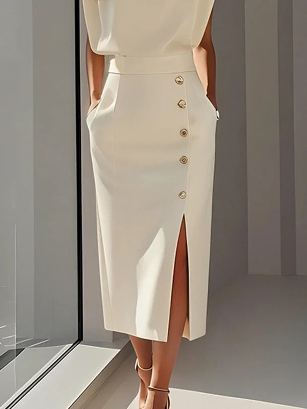 Krisstarsgirls Elegant Midi Skirt for Women 2025 Summer Split-joint Office Work Party Birthday High Waisted Button Skirt Female