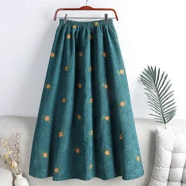 Women Corduroy Embroidered Midi Skirt High Waist Versatile Slim Fit A Line Umbrella Skirt For Autumn Winter