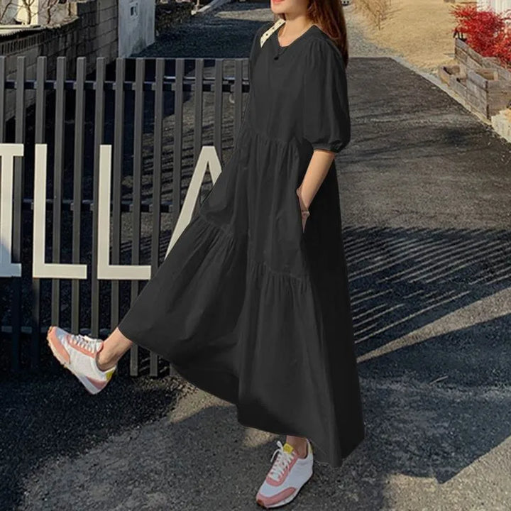 Elegant Red White Dress Women Sundress 2024 Summer Loose Casual Short Sleeve Maxi Vestidos Female O-neck Simples Robe Femme