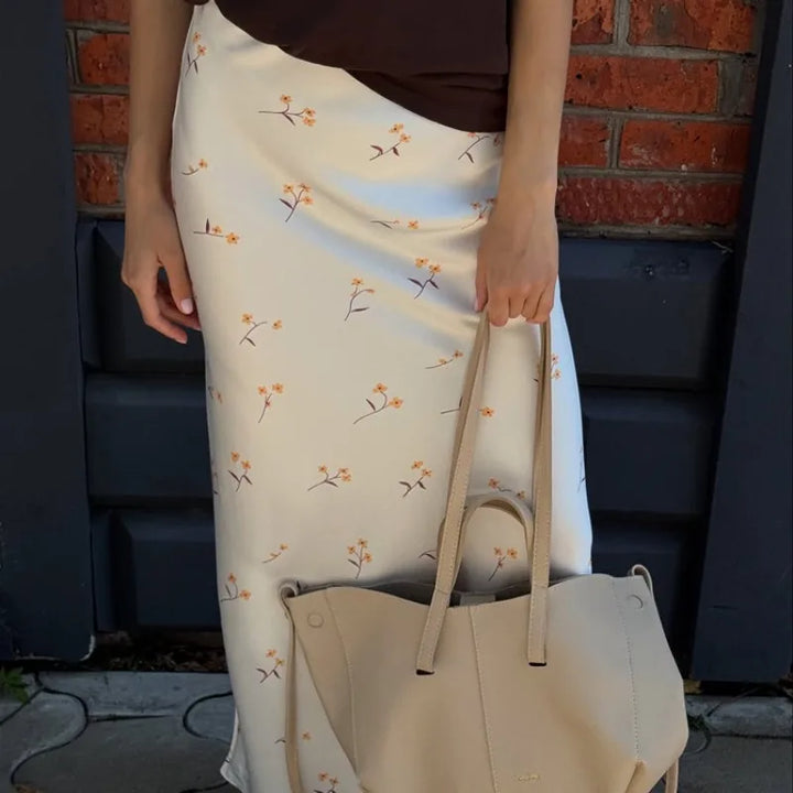 Women Satin Floral Print Midi Skirt High Elastic Waist Casual Long Skirt Summer Elegant Office Commuter A-Line Silky Dress Skirt