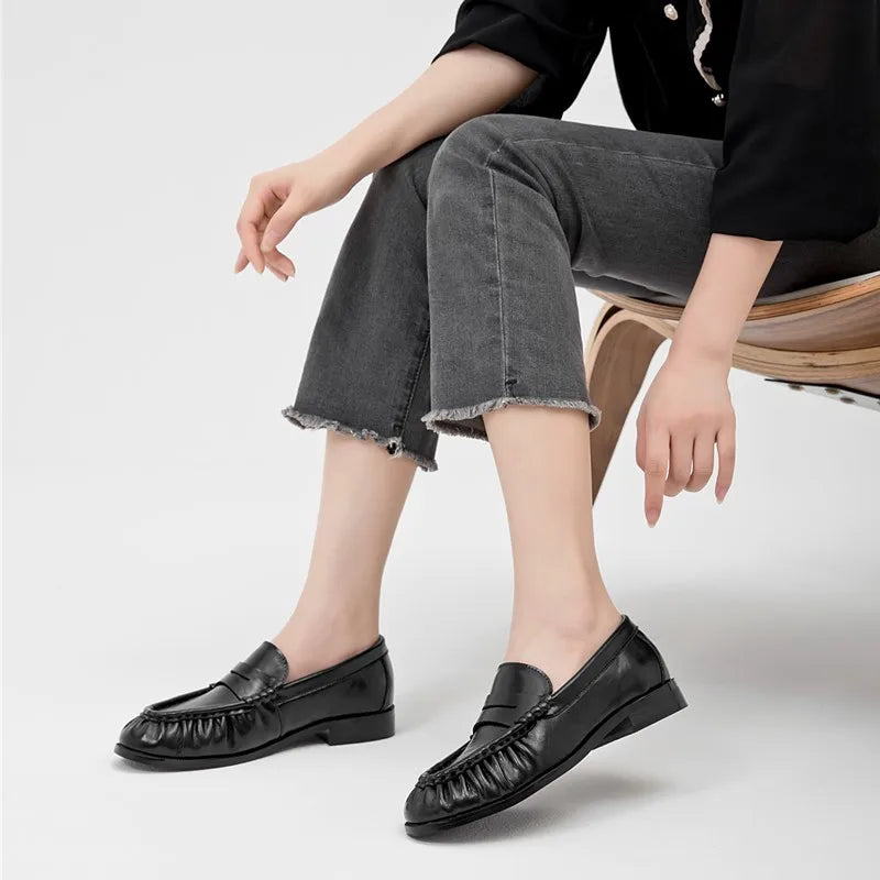 Lady Loafers 2026 Model Handcrafted Retro Pleated Single Shoes for Women, Women&