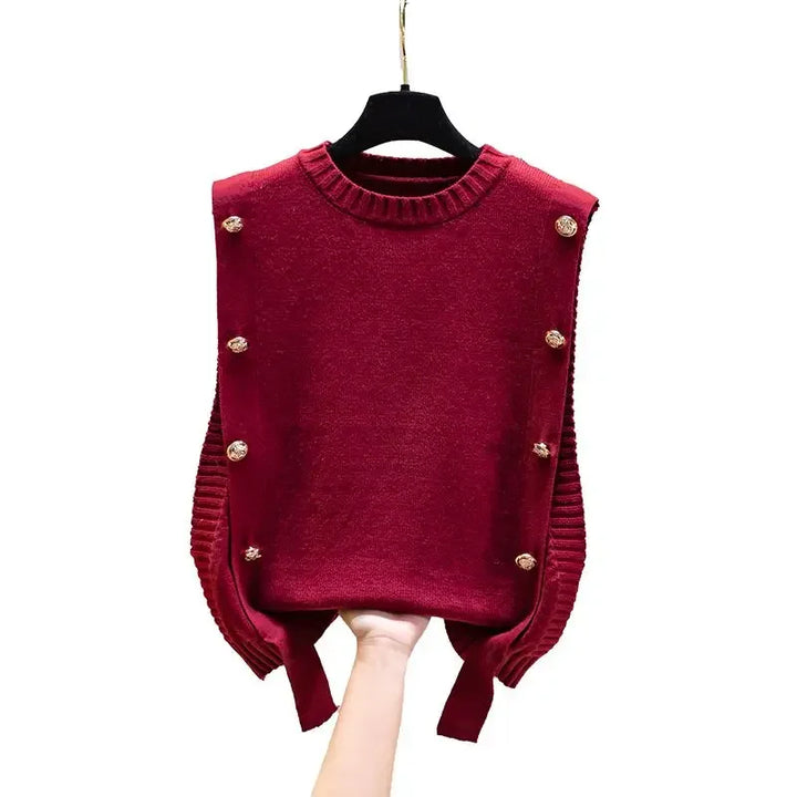 Black Knit Tops For Woman Red Winter Button Round O Neck Women&