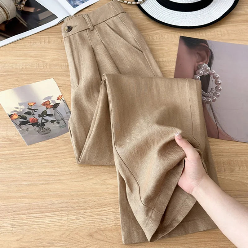 Khaki Linen Wide Leg Pants Women Summer Thin  Casual Loose Drapey Slimming Cotton Linen Long Pants Commute Style High W...