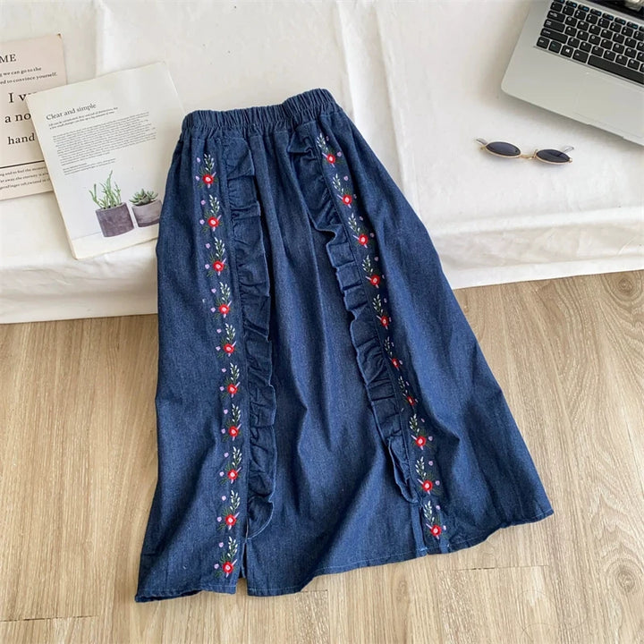 Women Denim Midi Skirt Vintage Floral Embroidery Ruffled Split A‑Line Skirt Elastic High Waist Casual Boho Long Jean Skirt