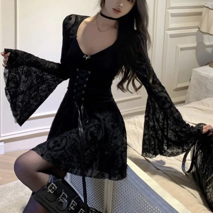Black Velvet Dresses For Women Flare Sleeve Birthday Party Vestidos Mujer Autumn Winter Korean Fashion Mini Dress