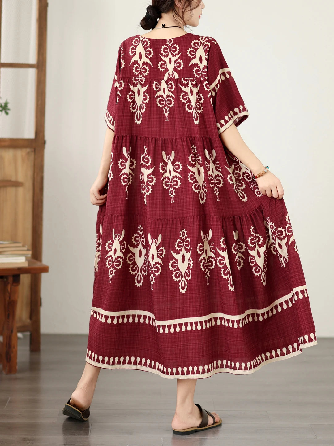 Loose Fit Floral Print Maxi Dress Ethnic Style Women&