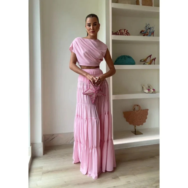 Summer Y2K Chic Pink Crop Top High Waist Layerred Ruffle Maxi Skirt with Shorts Set Outfits Elegant Women Skirt 3 Piece Set