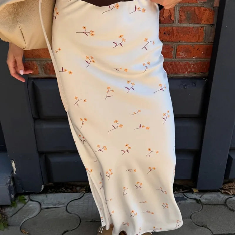 Women Satin Floral Print Midi Skirt High Elastic Waist Casual Long Skirt Summer Elegant Office Commuter A-Line Silky Dress Skirt