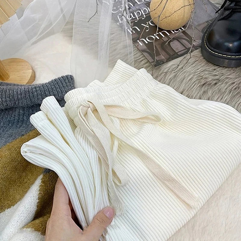 Women High Stretch Waist Wide Leg Pants Summer Drawstring Loose Long Rib Knitted Trousers