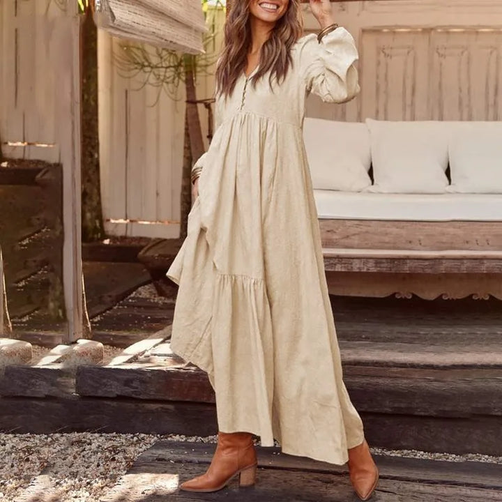 Cotton And Linen Vintage Style Long Dress For Women Casual V Neck Long Sleeve Loose Maxi Dresses Female Elegant Women&
