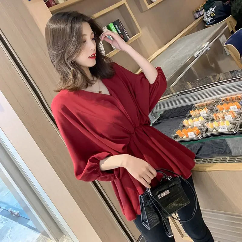 V Neck Tops For Women Pattern Chiffon Womens Shirt &amp; Blouse Loose Clothes Aesthetic M Tall Fine Elegant 2025 Comfortable Y2k S