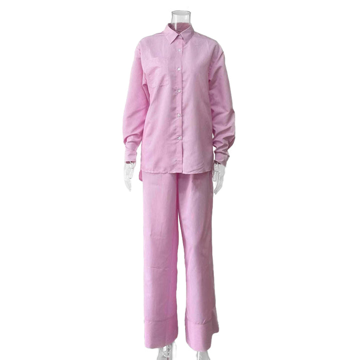 Women Striped Two Piece Outfit Loose Long Sleeve Shirt Drawstring Wide Leg Pants Set