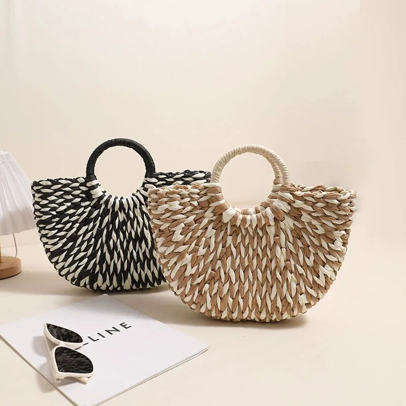 TOPHIGH Women Straw Tote Bag Large Capacity Luxury Designer Woven Bag Color Clash Semicircle Weaving Bag Summer Beach Handbag